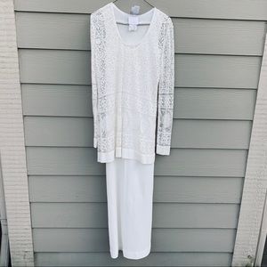 White maxi dress with overlying lace top.